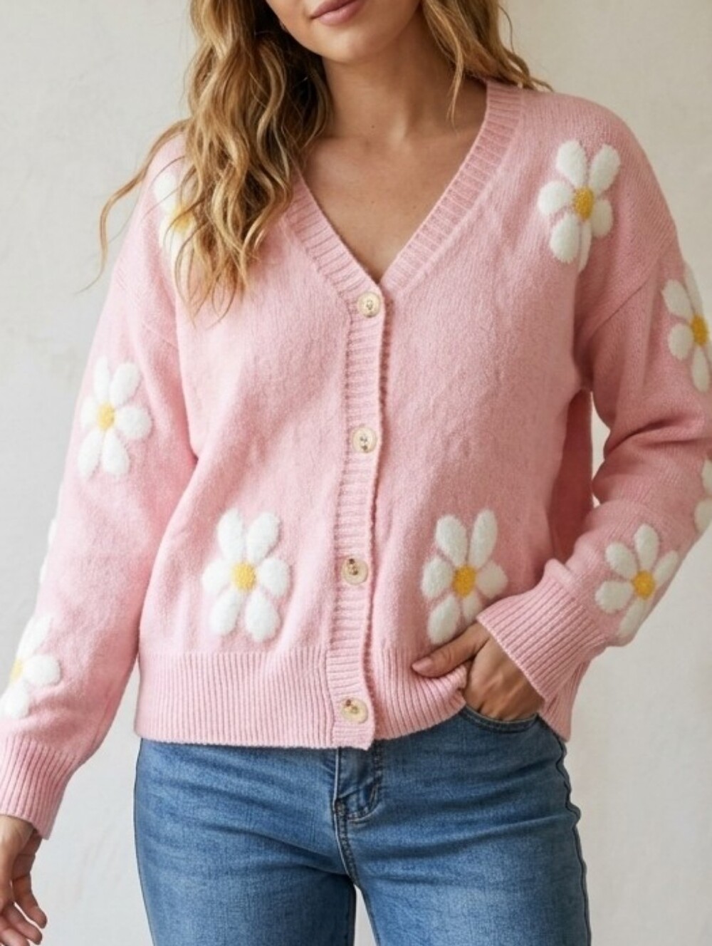 NWT Pastel Pink Daisy Floral Knit Cardigan Sweater V-Neck Button Front, Size Med